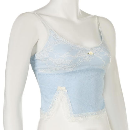 Lace slit flower applique bowknot cami top