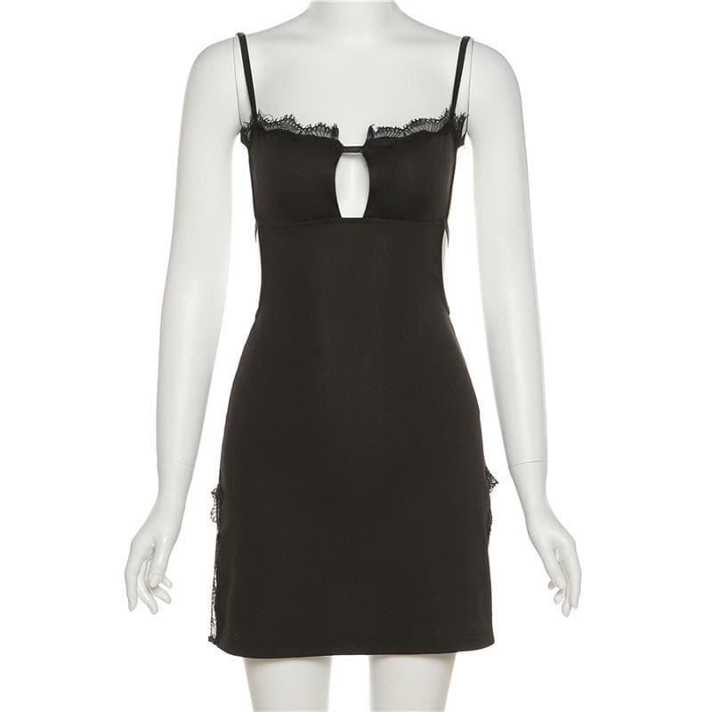 Lace hem solid hollow out backless slit cami cut out mini dress