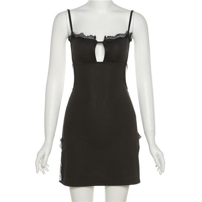 Lace hem solid hollow out backless slit cami cut out mini dress