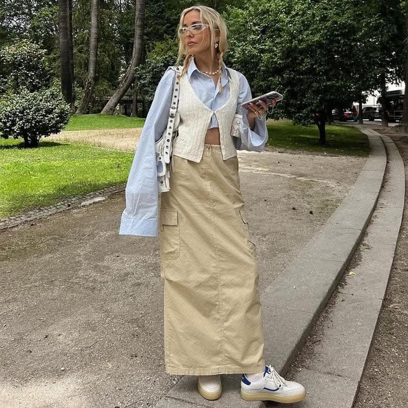 Drawstring slit pocket cargo solid high rise midi skirt-final-sale