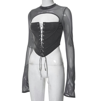 Lace up flared sleeve crewneck corset hollow out backless cut out top