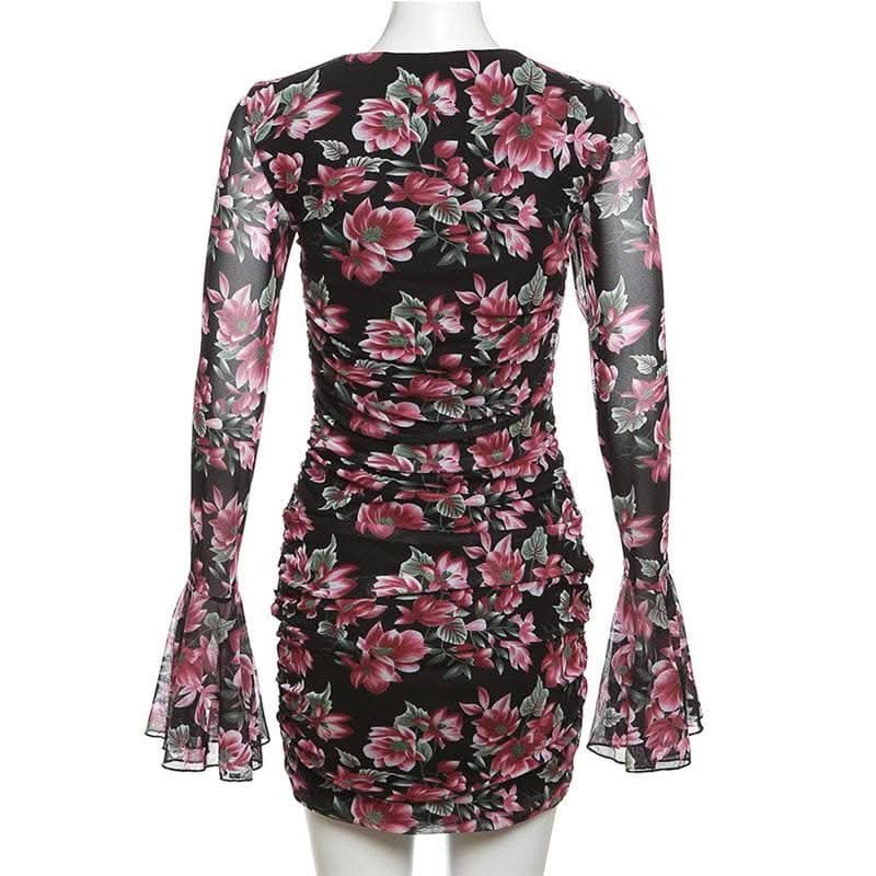 Flower print contrast hollow out long flared sleeve cut out mini dress-final-sale