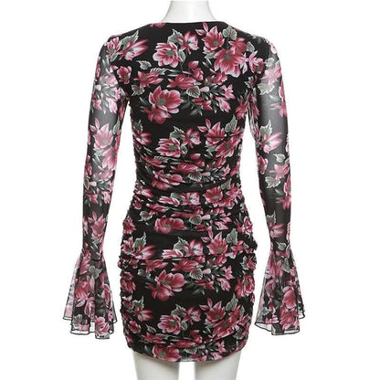 Flower print contrast hollow out long flared sleeve cut out mini dress-final-sale