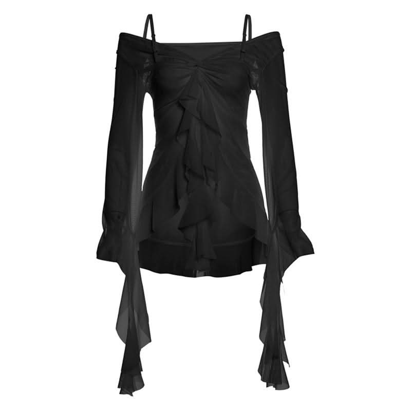 Long sleeve ruched v neck sheer mesh ruffle top