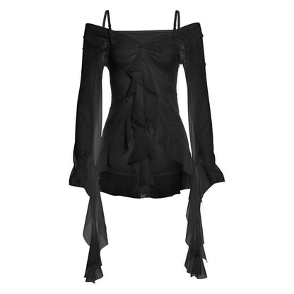 Long sleeve ruched v neck sheer mesh ruffle top