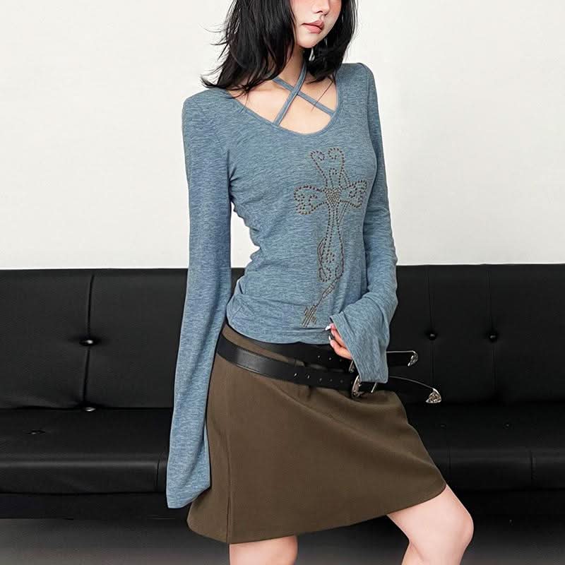 Halter long sleeve self tie beaded top