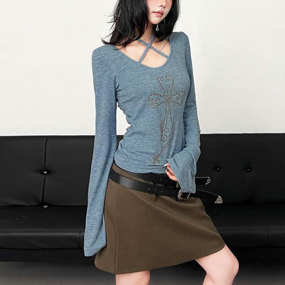 Halter long sleeve self tie beaded top