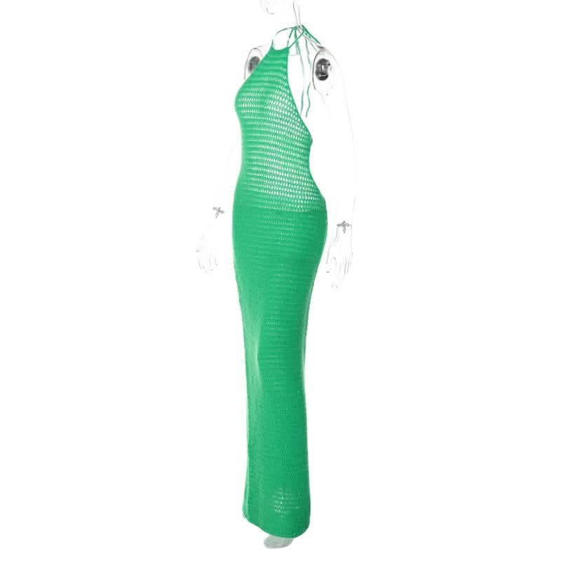 Crochet solid halter backless self tie maxi dress-final-sale