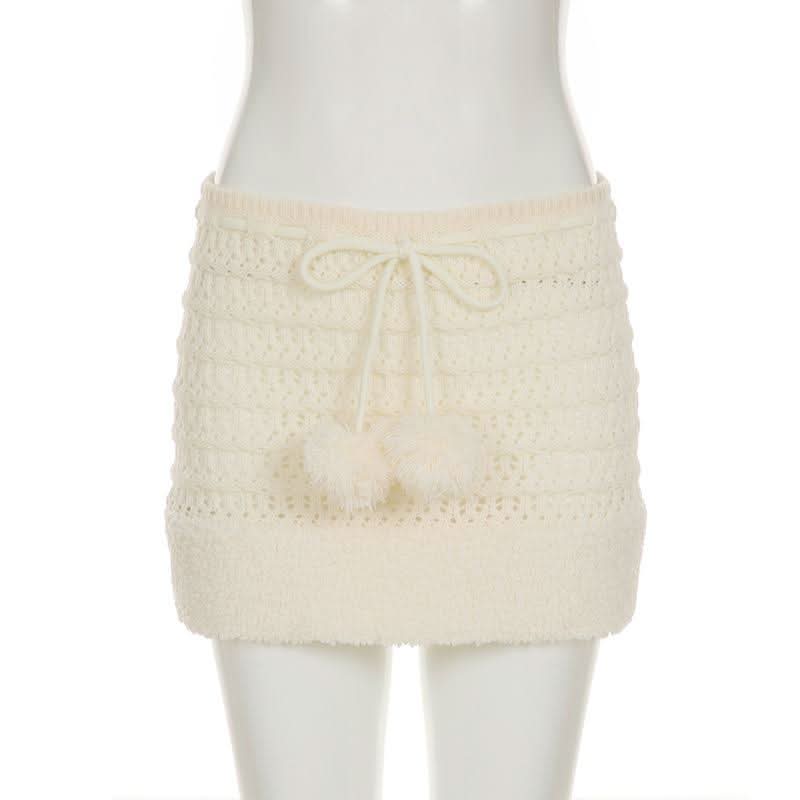 Hollow out drawstring fluffy self tie solid cut out mini skirt