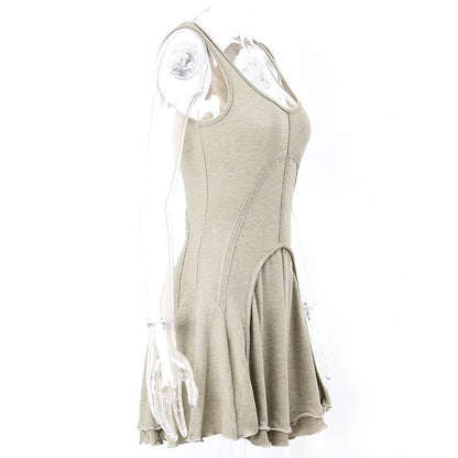 Exposed Seam Arch Panel Scoop Neck Tiered Raw Hem Mini Dress