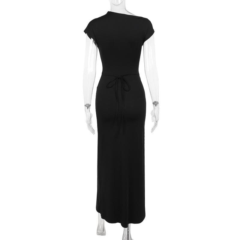 Short sleeve ruched self tie high slit maxi dress