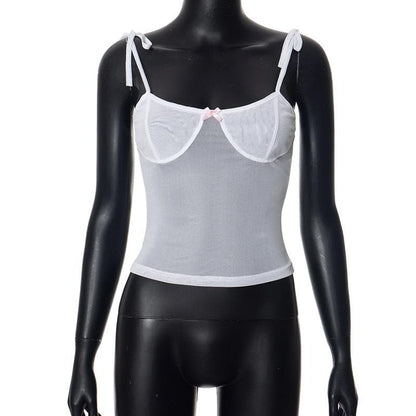 Sheer mesh see through bowknot self tie cami top