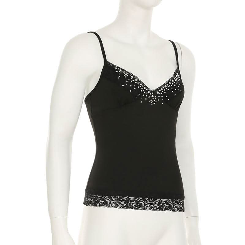 Beaded v neck lace hem backless cami top