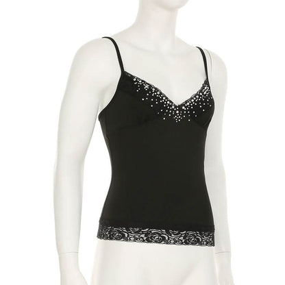 Beaded v neck lace hem backless cami top