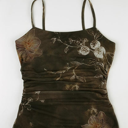 U neck print mesh cami maxi dress