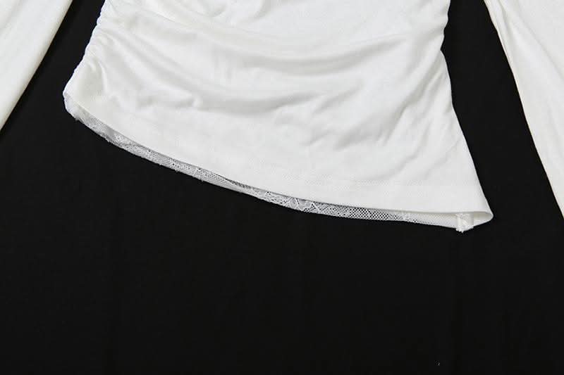 Irregular long sleeve ruched lace hollow out cut out top
