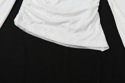 Irregular long sleeve ruched lace hollow out cut out top