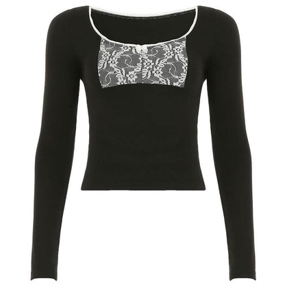 Long sleeve lace hem bowknot round neck top