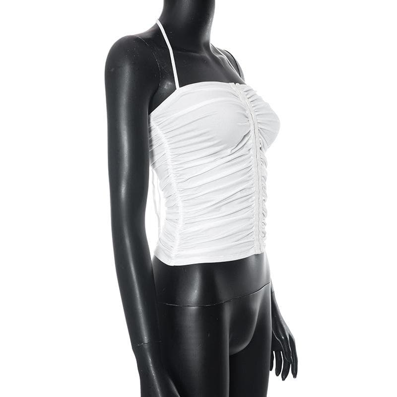 Button ruched solid halter backless crop top