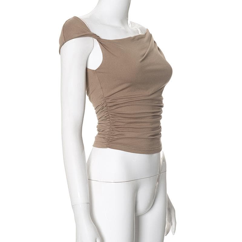 Short sleeve irregular ruched solid top