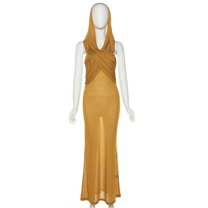 Hoodie solid cross front ruched backless sleeveless maxi dress-final-sale