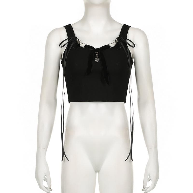 Bowknot ribbon heart applique ribbed crop top