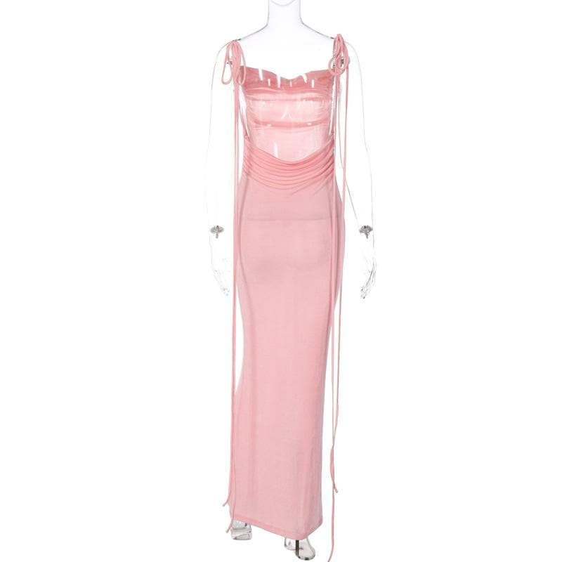 Cowl Neck Lace Up Back Tie Strap Backless Maxi Dress