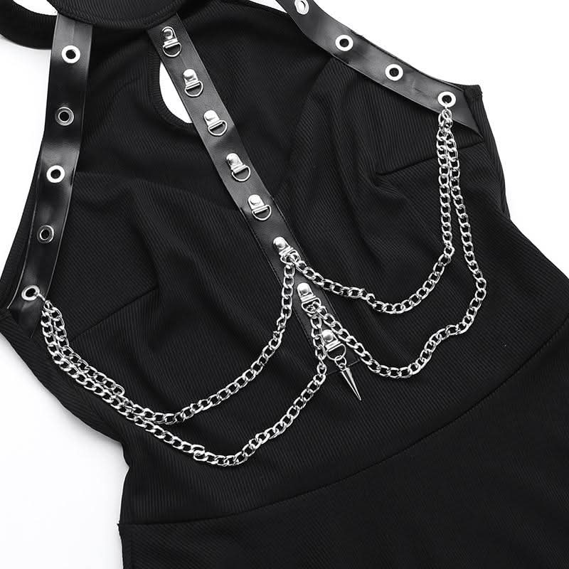 Hollow out metal chain crewneck ribbed cut out midi dress