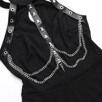 Hollow out metal chain crewneck ribbed cut out midi dress