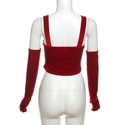 Gloves bowknot lace velvet patchwork cami top-final-sale