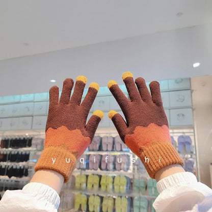 Touch screen knitted patchwork full finger gloves
