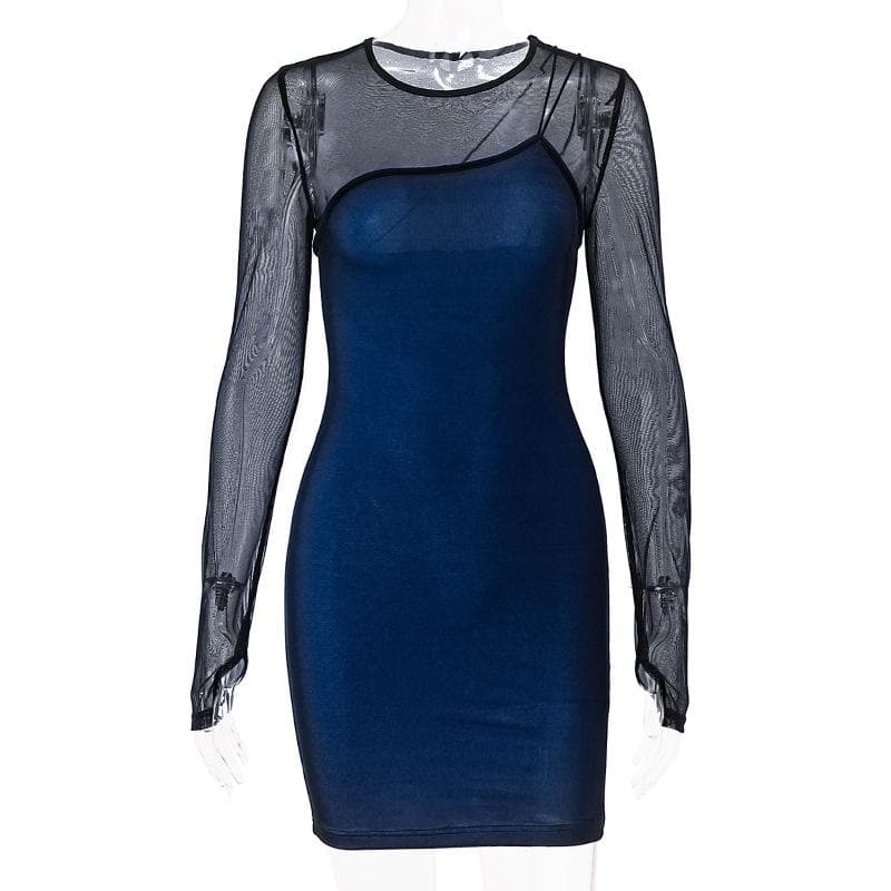 Mock Neck Mesh Long Sleeve Thumbhole Contrast Panel Bodycon Mini Dress