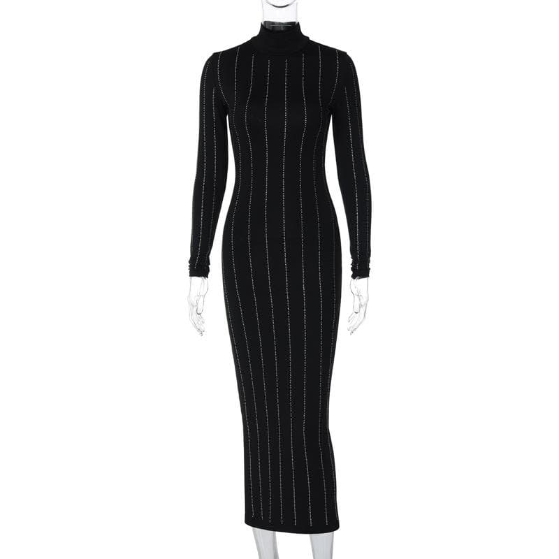 Mock Neck Long Sleeve Rhinestone Pinstripe Bodycon Midi Dress