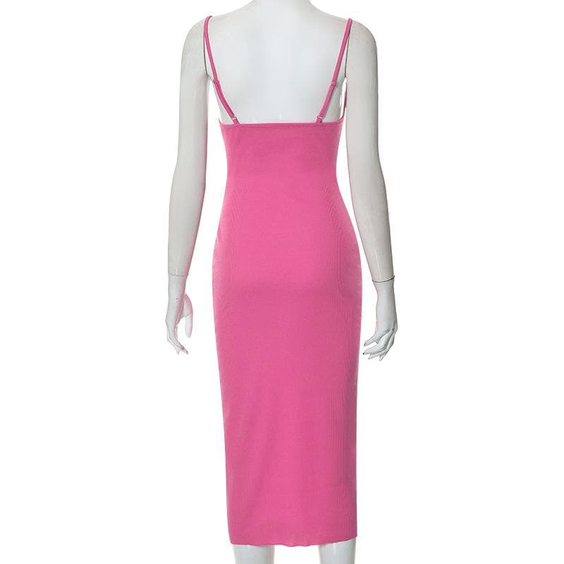 Spaghetti Strap Ruched Bust Keyhole Ribbed Knit Bodycon Midi Dress