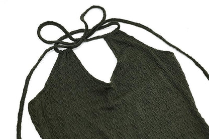 Ruffle halter textured hollow out self tie solid cut out mini dress