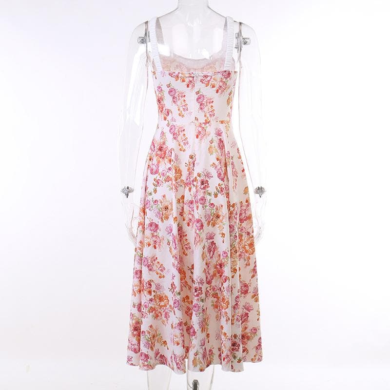 Floral Print Ruched Tie Neck Wide Strap Sleeveless A-Line Maxi Dress