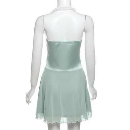 Halter button mesh backless mini dress