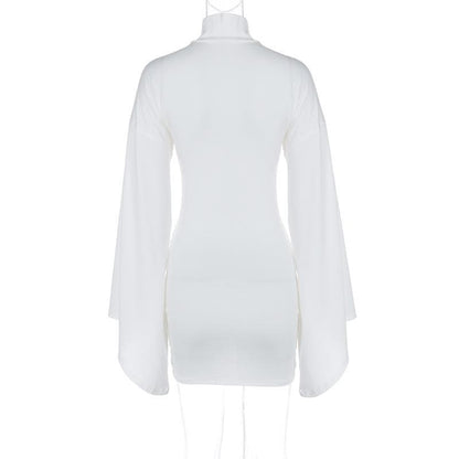 Long flared sleeve high neck ruched buckle solid mini dress