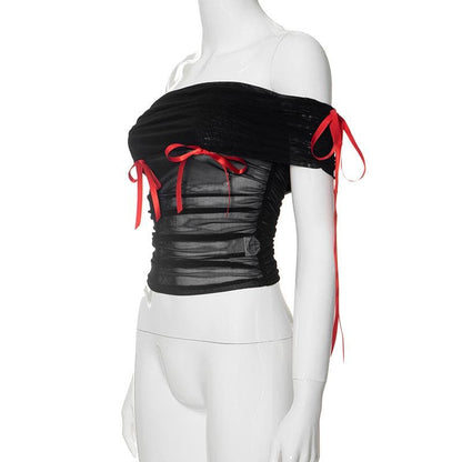 Sheer mesh see through bowknot irregular off shoulder top