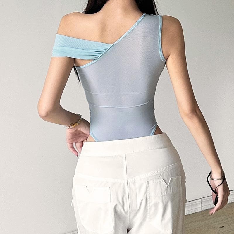 One shoulder ruched sheer mesh bodysuit