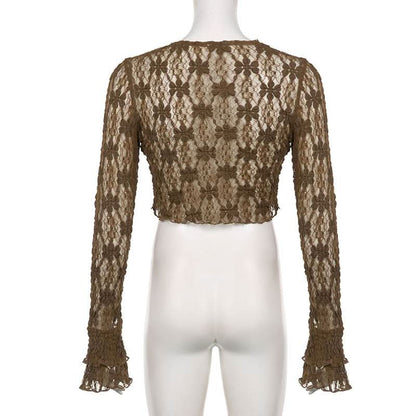 Long sleeve lace self tie crop top