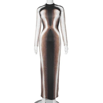 Contrast high neck long sleeve slit maxi dress