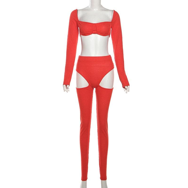Long sleeve square neck ribbed hollow out pant set