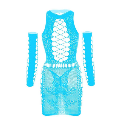 Gloves lace fishnet diamond pattern mini dress
