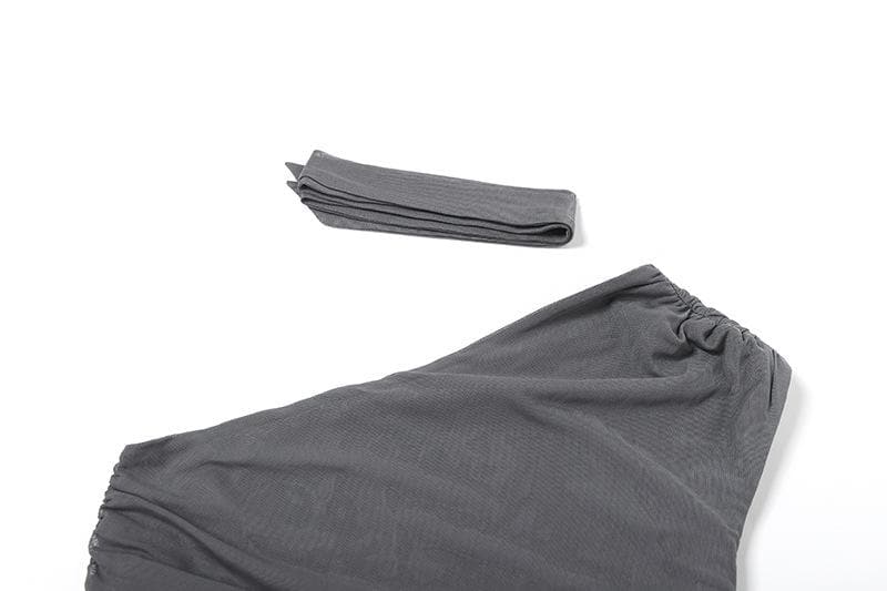 One shoulder mesh ruched slit irregular top