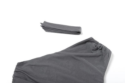 One shoulder mesh ruched slit irregular top