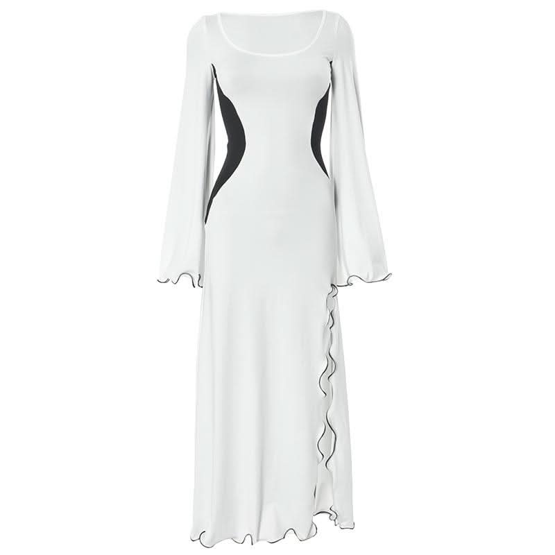 Long flared sleeve u neck slit ruffle maxi dress