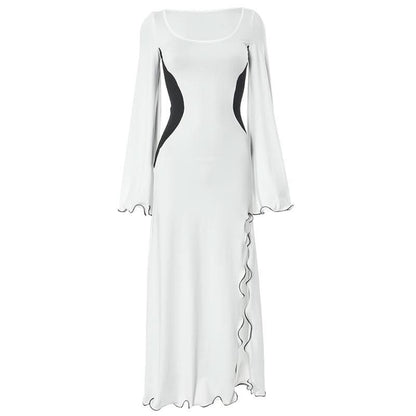 Long flared sleeve u neck slit ruffle maxi dress