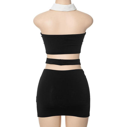 Halter turnover collar hollow out mini skirt set