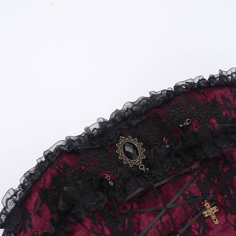 Lace hem cross pendant ruffle tube top